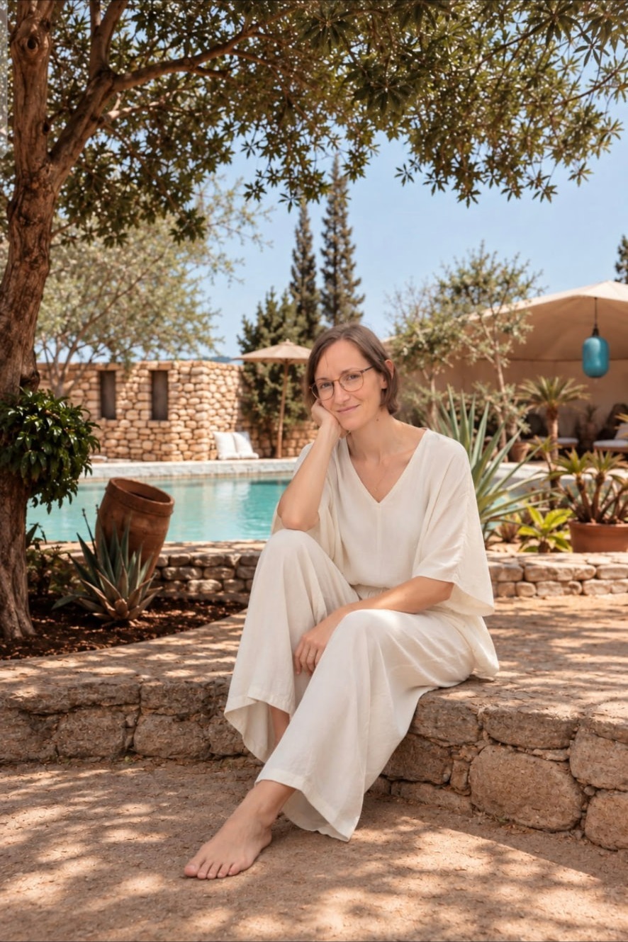 Jessika Weber Sabil sitting barefoot on a stone ledge by a pool in Morocco